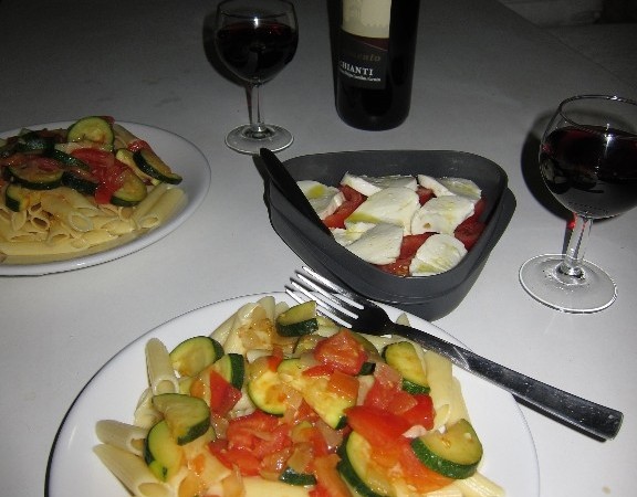 Our homemade pasta dinner and caprese salad