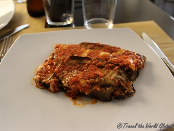 Delicious eggplant parmesan with one of the best tomato sauces I have eaten
