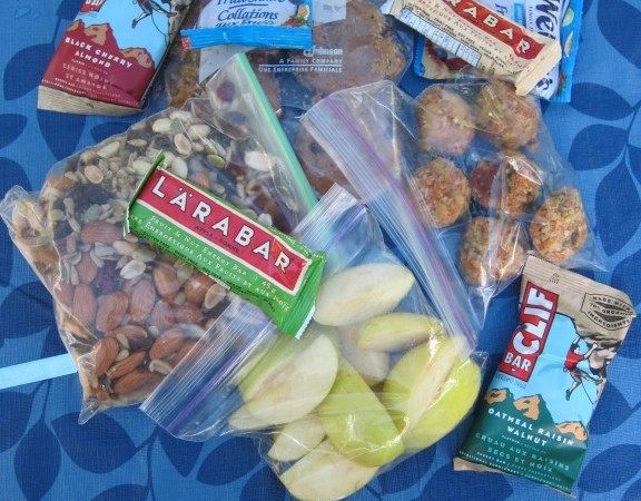 Snack food ideas: homemade carrot bites & peanut butter cookies, trail mix, apples and Lara Bars  (Clif Bars were Ryan's)
